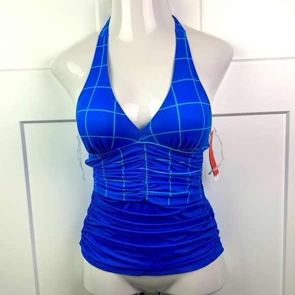 NWT Spanx Ruched Halter Tankini Top Size 6 Electric Blue Geo Bathing Suit Swim - Picture 1 of 6
